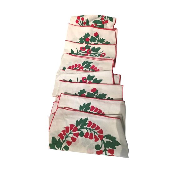 8 Vintage Napkins Cotton Red & Green Berry Wreath Print 18"x18" Holiday Table - Picture 2 of 4